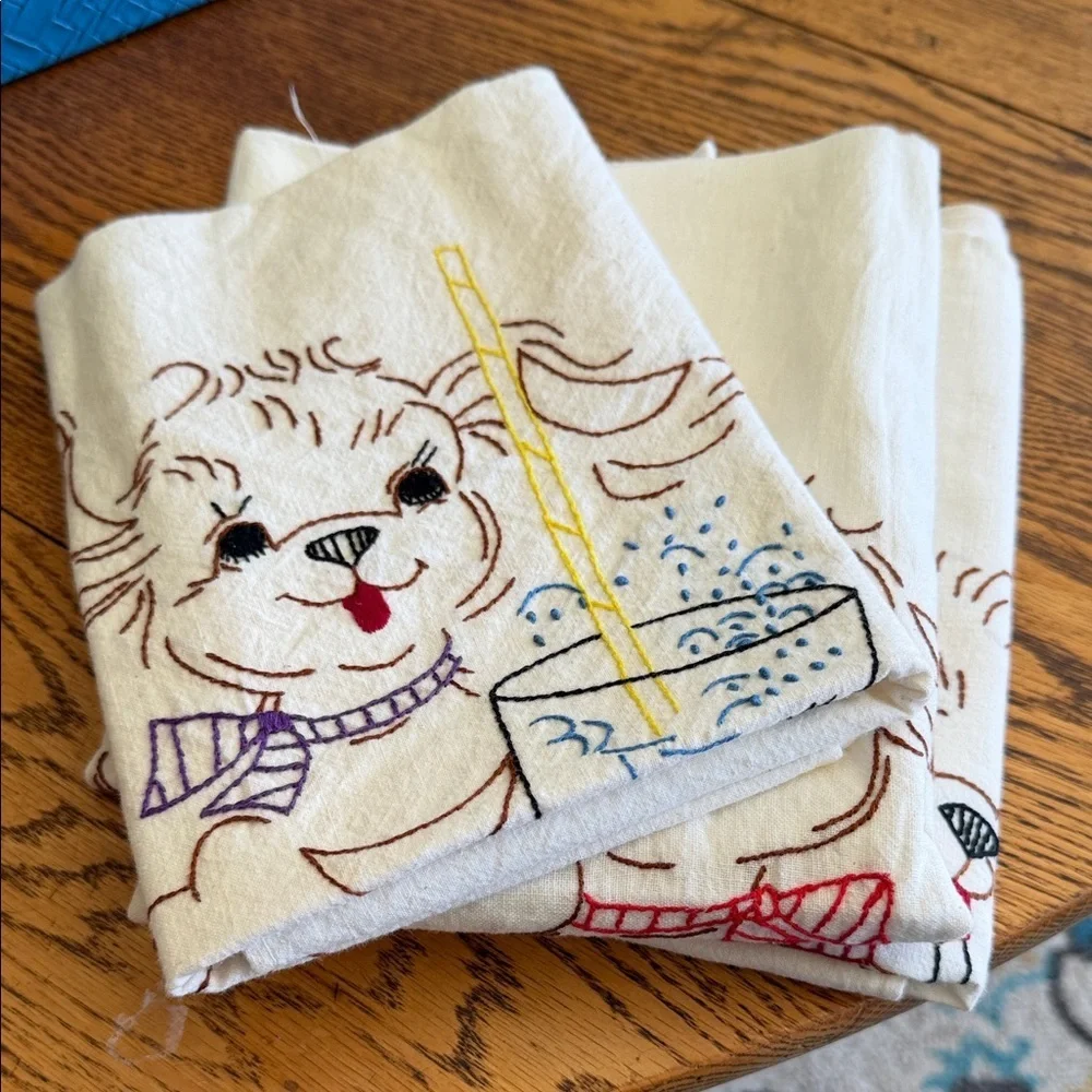 Vintage Embroidered  Kitchen Flour Sack Towels Set of Four Puppy/ Baking Kitchen